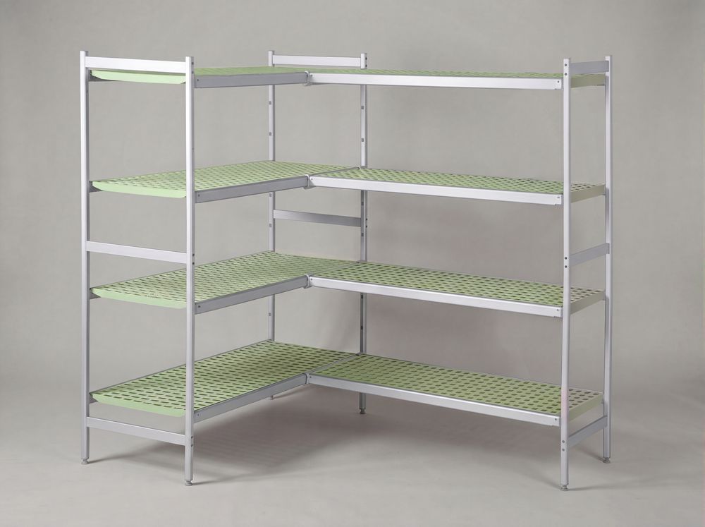 Labo Rack Alu — anodized aluminium shelving with polypropylene shelves